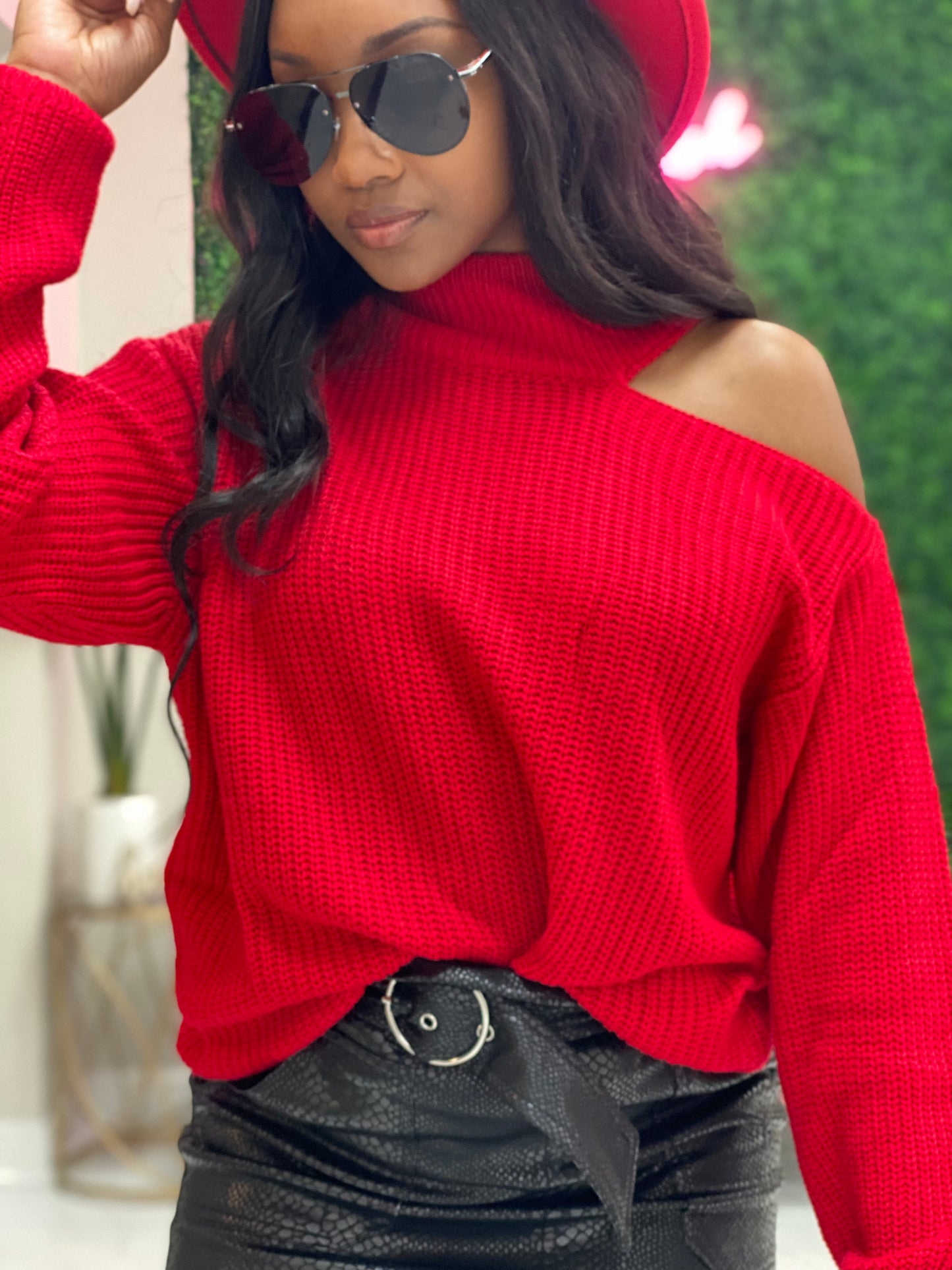 Red Open Shoulder Sweater