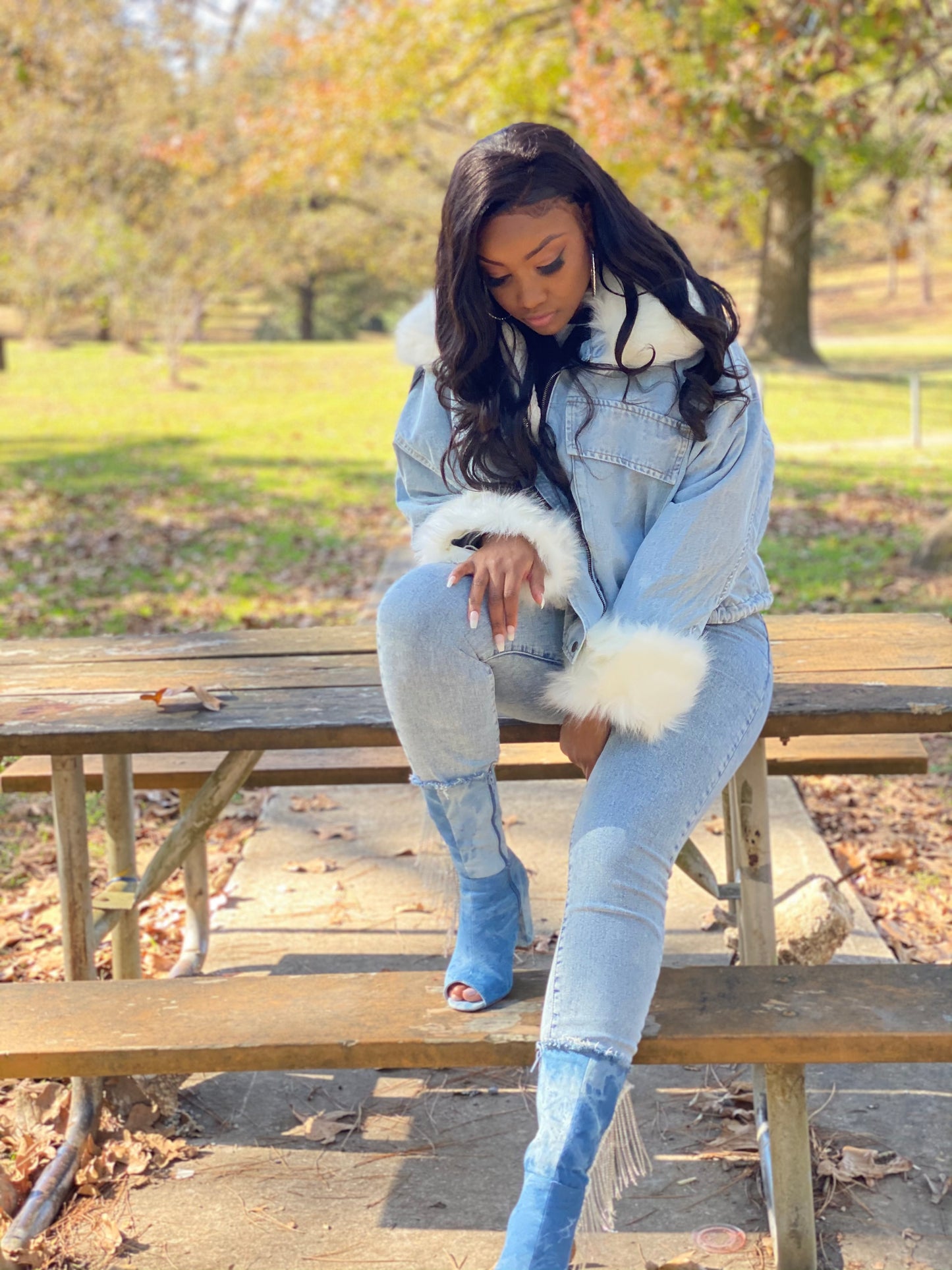 Denim Coat With White Fur