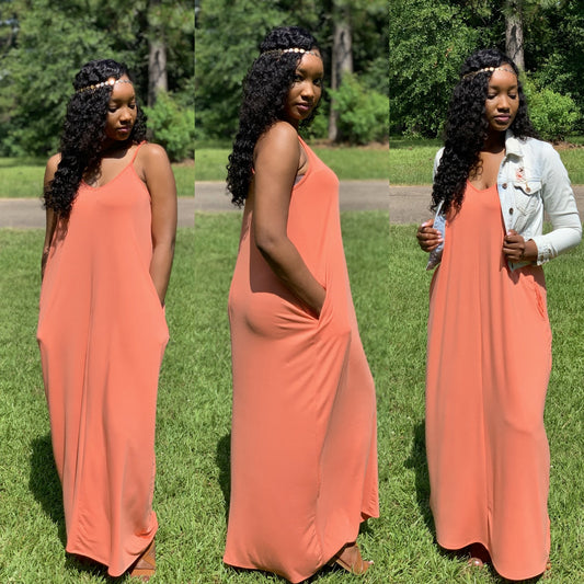 Peach Maxi Dress With Side Pockets