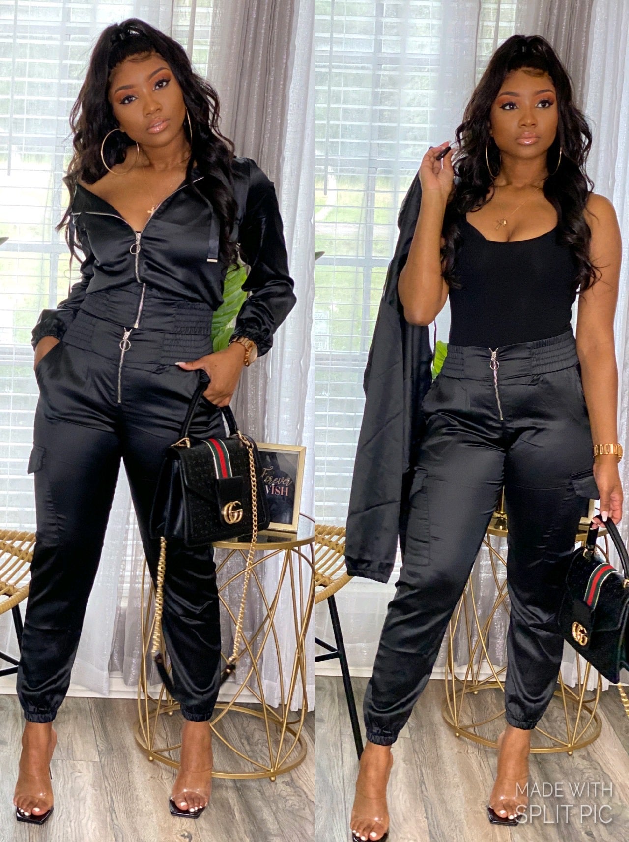 Black Satin Jogger Set