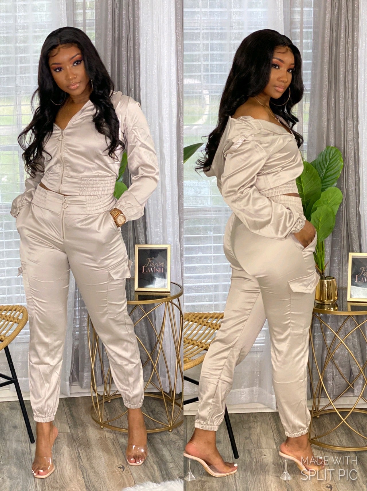 Beige Satin Jogger Set