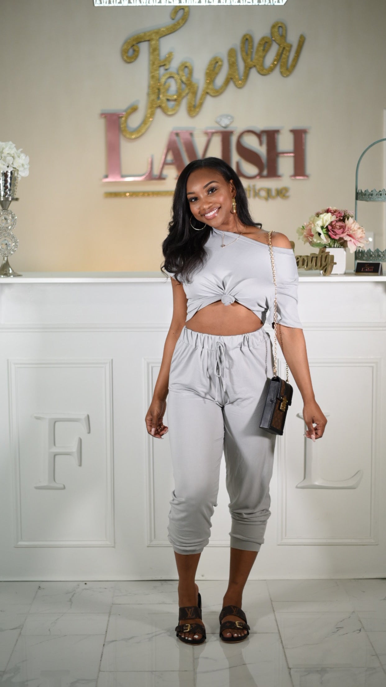 Grey 2 Piece Crop Top jogger Set