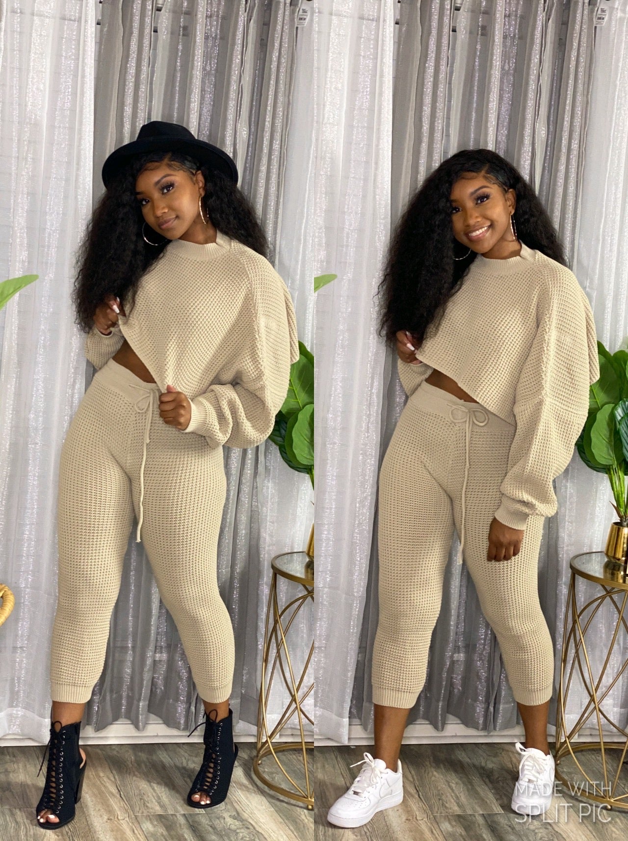 Tan Knit Crop Sweater Set